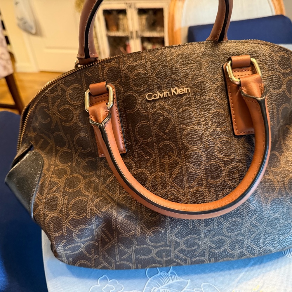Calvin Klein Brown Monogram Satchel with Tan Handles